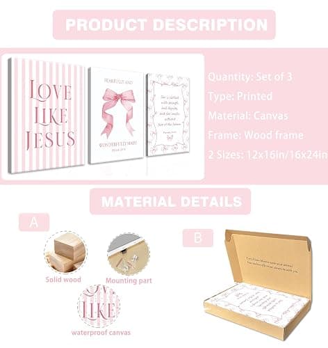 Coquette Pink Bow Wall Art Set of 3, Light Pink Bow Dorm Room Wall Decor Paintings, Inspirational Scripture Verses Canvas Posters Prints Pictures for Girls Dorm Room Bedroom Bathroom 12x16 Inch Framed thumbnail 3