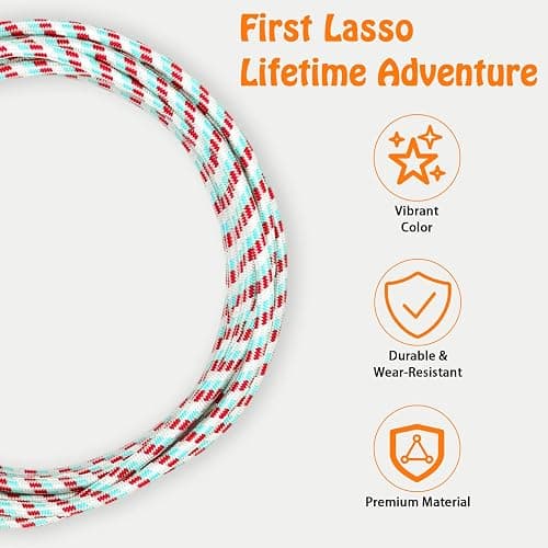 Cowboy Lasso Rope for Kids with Pre-Tied Loop, 20' - 9mm Unwaxed Lariat Roping Rope Toy for Indoor Outdoor Western Play & Costume Prop (Red Light Blue) thumbnail 8