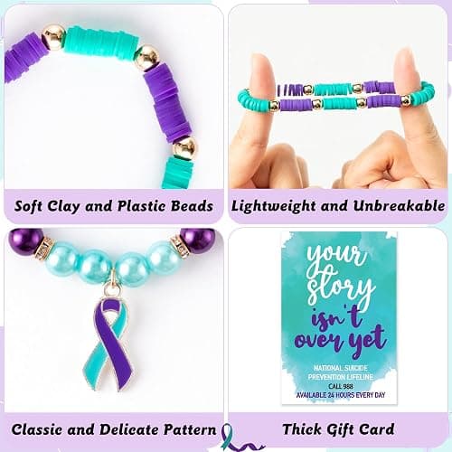 Y1tvei Suicide Awareness Bracelets Set- 7Pcs Suicide Prevention Awareness Colorful Clay Bead Surfer Bracelet with Purple Teal Ribbon Motivational Jewelry Gift for Suicide Mental Health Care Supplies thumbnail 4