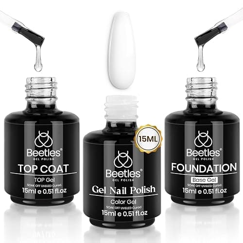 beetles Gel Polish 3 Pcs 15ml No Wipe Gel Top Coat & Base Coat White Gel Polish Set Soak Off Uv Nail Lamp-Shine Finish and Long Lasting Gel Glossy Top Coat Base Gel French Nail Art Design Manicure Kit - Image 1