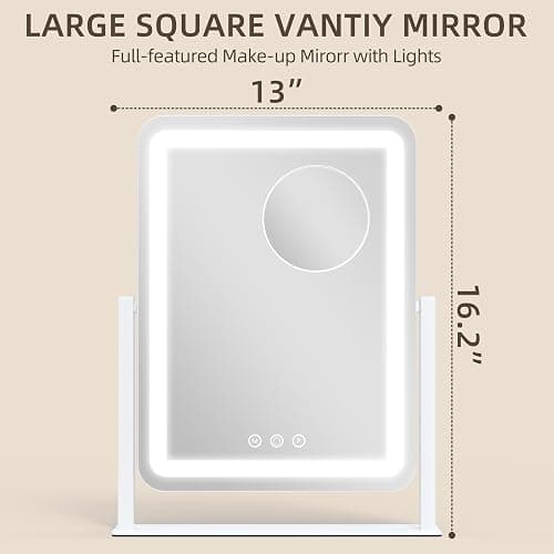 FENNIO Rounded Corner Lighted Vanity Mirror, 17" x 13" Makeup Mirror with Lights, 10X Magnifying Mirror, 3 Color Dimmable LED, Touch Control, Aluminum Stand, White thumbnail 2