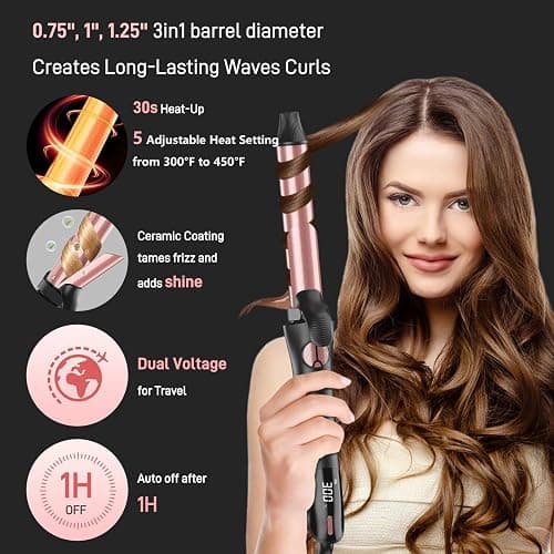 Rotating Curling Iron - 3 in1 Automatic Curling Irons with Interchangeable CurlingWand, 3/4, 1 1/4, 1 Inch for Lasting Beach Waves, Adjustable Temp, Instant Heat, Dual Voltage (Rose Gold) thumbnail 5