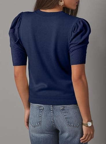 Dokotoo Women's Short Puff Sleeve Knit Tops 2025 Round Neck Wool Hollow Out Tops Cashmere Sweaters for Women thumbnail 3