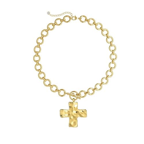 CHESKY 14K Gold Plated Chunky Cross Necklace for Women Toggle Clasp | Hammered Cross Pendant, Statement Gold Necklace, Chunky Gold Chain, Toggle Clasp Jewelry, Vintage Trendy Style - Image 1