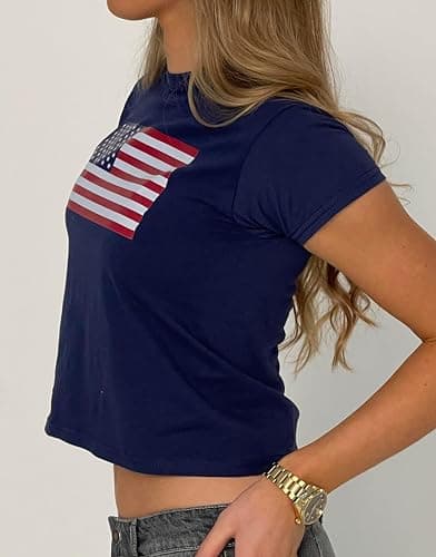 Women American Flag Graphic Crop Tops Independence Day Y2k Baby Tee for Teen Girls 4th of July Cropped Tshirt thumbnail 4