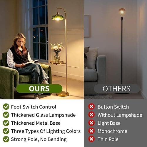 WELAISA Glass Floor Lamp with Table and Shelves, Gold | Remote Dimmable, Boho Brass Tall Lamp, Vintage Farmhouse Arc, Green Flower Design thumbnail 3