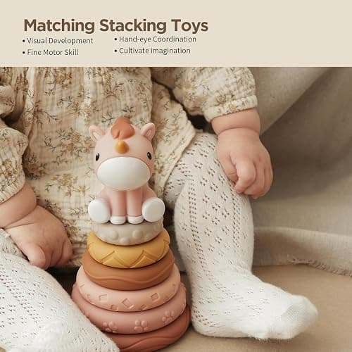 Nueplay 7 Pcs Stacking & Nesting Baby Toys, Squeeze Teething Toys and Building Circle with Pink Horse Figure, Newborn Essentials for 6 12 18 Months Toddler Girls thumbnail 7