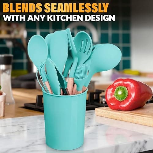 12 Pcs Cooking Kitchen Accessories Set with Holder, Silicone Heads (Teal) | Teal Kitchen Utensils Set for Cooking and Baking; Wooden Handles; Heat-Resistant up to 446°F; Non-Scratch for Nonstick Pans thumbnail 8