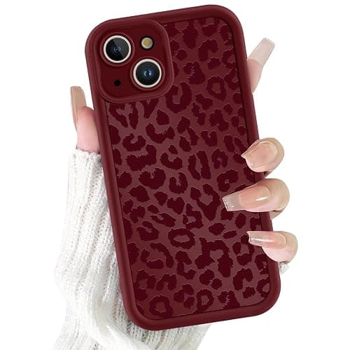 lioscre Cute Cheetah Print Phone Case for iPhone 14 Case 6.1", Aesthetic Burgundy Wine Red Leopard Pattern Design Cover Shockproof Soft Slim TPU Full Camera Lens Protective Funda for Women Girls - Image 1