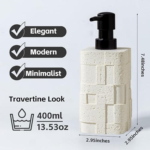 Haocoott Soap Dispensers 400mL 13.5 OZ, 2 PCS Luxurious Hand Dish Lotion Shampoo Soap Dispenser Jar, Travertine Stone Look Soap Pump Bottles for Kitchen Bathroom Countertop (White) thumbnail 3