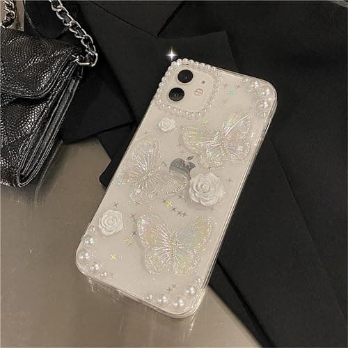 Fycyko Compatible with iPhone 14/13 Butterfly Floral Clear with Design Aesthetic Women Teen Girls Glitter Pretty Crystal Sparkle Sparkly Cute Girly Phone Cases Protective Cover+Chain-Clear thumbnail 8