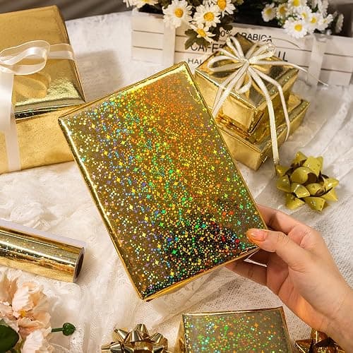 Yarcony Gold Wrapping Paper Roll, Holographic Space Wrapping Paper - 17 Inch x 33 Feet - Shiny Iridescent Galaxy Design Thick Gold Gift Wrap Paper for Birthday, Wedding, Christmas,Baby Shower thumbnail 4