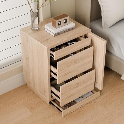 MOUMON Nightstand with Hidden Storage & NFC Lock, Bedside Table End Table with 3 Drawers, Pop-up Design, for Living Room Oak 23.6”W x 19.7”D x 31.5”H thumbnail 3