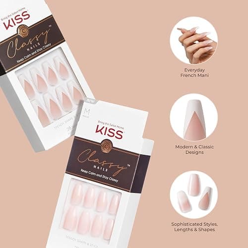 KISS Classy ​​Press On Nägel - "Dashing" Hellweiß French nude mittellange Mandel Coffin Form - 28 Press On Kunst-Nägel zum Aufkleben DIY, 2g Nagelkleber, 1 Maniküre-Stäbchen, 1 Mini-Feile thumbnail 4