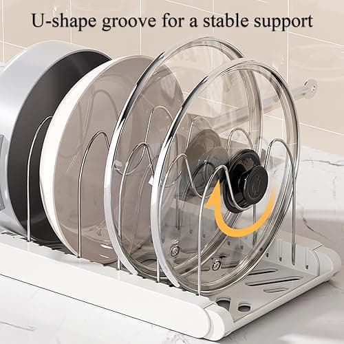 LICRUGU Pot Rack : Pots and Pans Organizer Under Cabinet 7 Adjustable Compartment Expandable Pot Lid Holder for Kitchen Cookware, Bakeware, Lid, Dishes, Cutting Boards,Apricot thumbnail 5