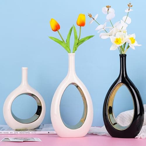 White and Gold Vase Ceramic White Vases Home Decor,Modern Minimalist Circle with Hole Decorative Vase, Hollow Ellipse Flower vases for Bookshelf, Fireplace Mantle, Centerpieces,Farmhouse,Rustic Décor thumbnail 7
