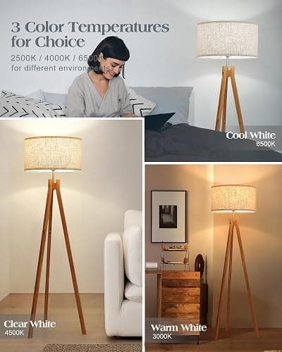 ELYONA Nordic Wood Tripod Floor Lamp, Modern Reading Standing Lamp for Living Room 3 Color Temperatures LED Bulb Included Flaxen Lamp Shade, Boho Natural Wooden floor lamp for Bedroom Office Kids Room thumbnail 2