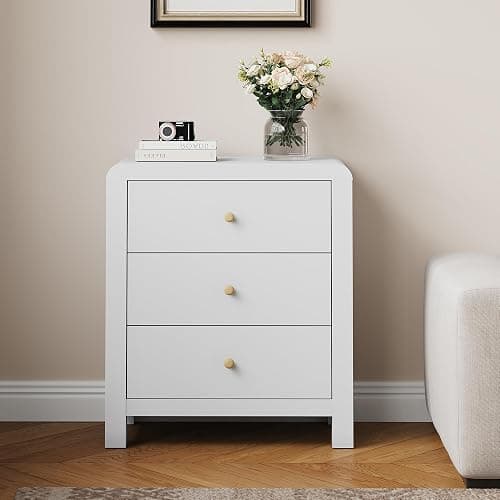 RoyalCraft 3 Drawer Dresser, Modern Chest of Drawers with Rounded Table Corners, Wooden Closet Dresser Nightstand Side Table with Ample Storage Space for Bedroom, Living Room, Entryway, White - White - Image 1