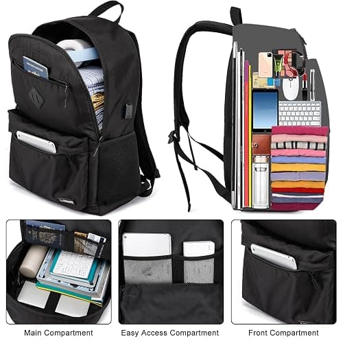 LIBENED School Backpack Teen Boys and Girls, Classical Basic Black Backpack, 15.6 Inch Laptop Bookbag with USB Charger for Women Men, and College High School thumbnail 2