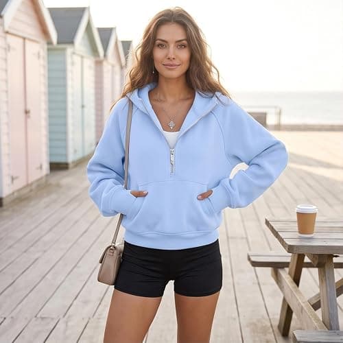 HYYGOCCTV Women Cropped Raglan Half Zip Hoodie Long Sleeve Pullover Slim Casual Street Fall Sweatshirts With Pockets thumbnail 3