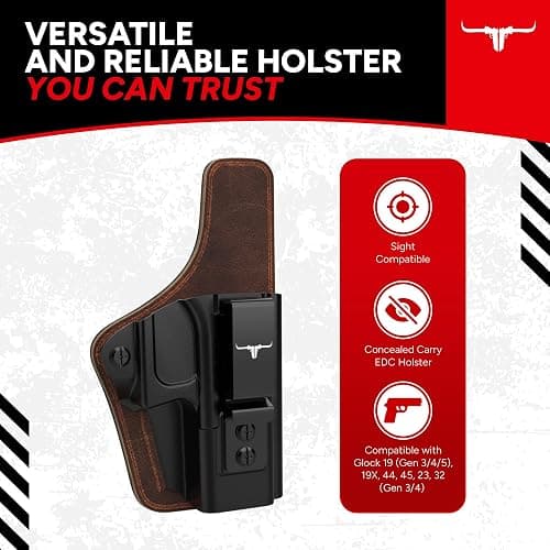 Texas Gun Holsters IWB Concealed Carry Holster Bundle - Premium Kydex & Leather Hybrid Holster with Tactical Belt, Ideal for Appendix Carry, Compatible with Glock 19 (Gen 3/4/5), 19X, 44, 45, 23, 32 thumbnail 2