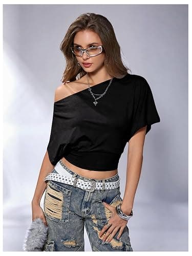 SweatyRocks Women's Off The Shoulder Tops Asymmetrical Y2K Going Out Top | Cinched Waist, Short Sleeve, One Shoulder Tops, 2000s Clothes, Summer Fashion Tops thumbnail 3
