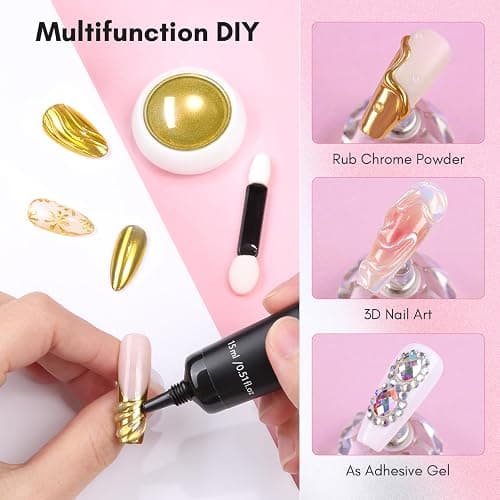 Makartt 3D Nail Gel for Nail Art and Gold Chrome Powder Kit, Clear No Wipe 3D Sculpting Gel Polish for Nail Charms, Metallic Effect Mirror Powder for Nail Decoration Manicure thumbnail 3
