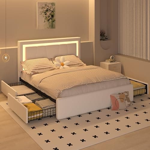 Benevika Full Bed Frame with 4 Storage Drawers and Adjustable Headboard, Upholstered Platform Bed with LED Lights and USB Ports, Solid Wooden Slats Support, Faux Leather, Easy Assembly, Beige thumbnail 8