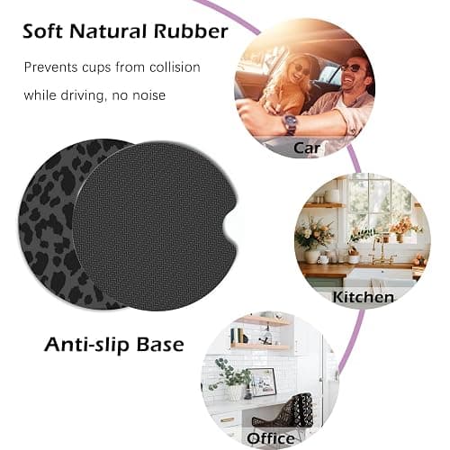 KARREAL Car Cup Coasters, Neoprene Rubber Non-Slip Insert Car Coasters for Cup Holders, Black Leopard Car Interior Accessories - 2.75 inch thumbnail 6