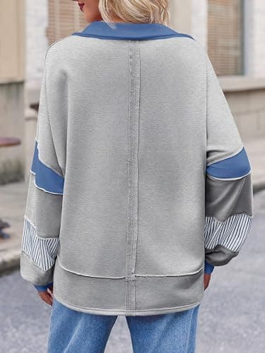 Fisoew Womens Color Block Oversized Sweatshirt Polo V Neck Long Sleeve Shirts Casual Loose Pullover Tops thumbnail 3