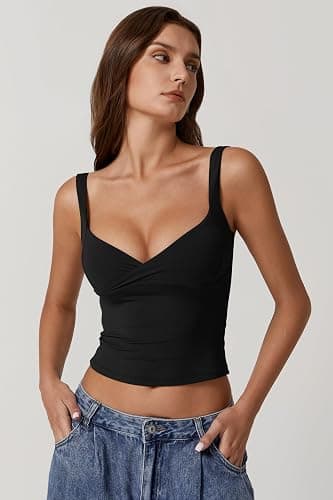 QINSEN Women's V Neck Tank Tops Double Lined Adjustable Strap Camisole Shirt thumbnail 2