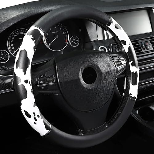 Cow Print Steering Wheel Cover, Universal 14.5-15 inch Breathable Microfiber Leather Anti-Slip Car Steering Wheel Protector for Women Men, Black&White - Image 1