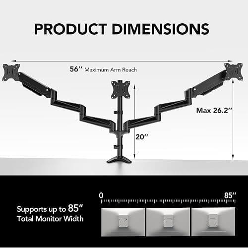 HUANUO Triple Monitor Mount for 17 to 32 inch Screens, Adjustment Gaming Triple Monitor Stand with Swivel, Tilt, Rotation, Clamp & Grommet Kit thumbnail 3