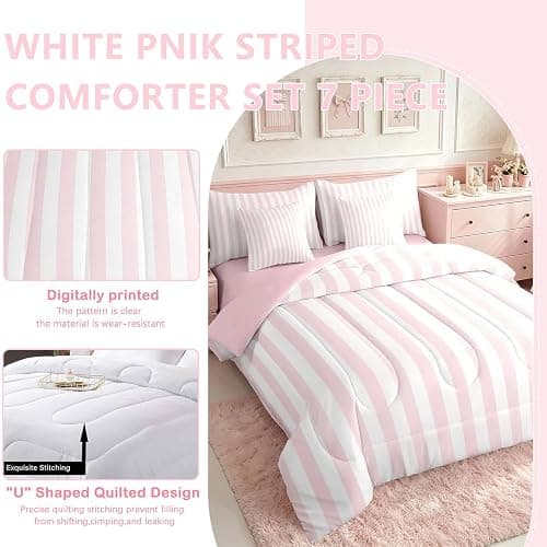 Feelyou White Pink Striped Comforter Set with Sheets 7 Piece Twin Size Striped Bed in a Bag Kids Boys Girls Bedding Set Basic Simple Bedroom Decor Breathable Soft Lightweight Microfiber thumbnail 2