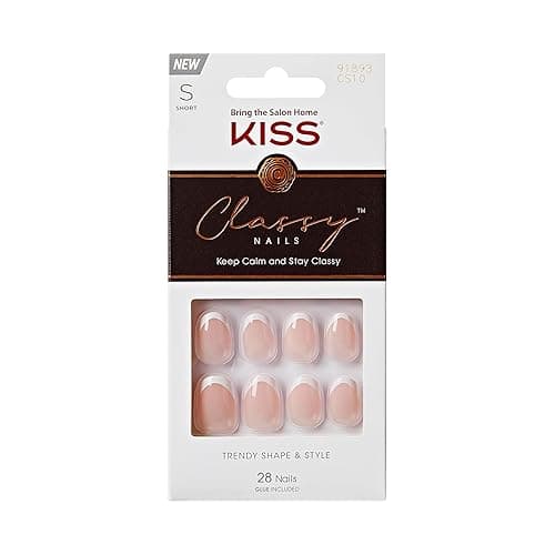 KISS Classy, Press On Nails, Nail glue included, 'Exclusive Only', Light White, Short Size, Oval Shape, Includes 28 Nails, 2g glue, 1 Manicure Stick, 1 Mini File - 31 Fl Oz (Pack of 1) - Exclusive Only