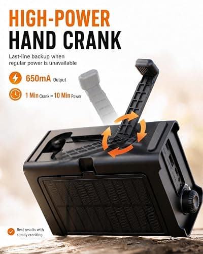 Emergency Radio, 12000mAh Solar Hand Crank NOAA Weather Radio, Black | Hand Crank Radio, 8500mm² Solar Panel, AM/FM/WB, 5W Flashlight, Reading Light, SOS for Outages, Camping & Survival thumbnail 5