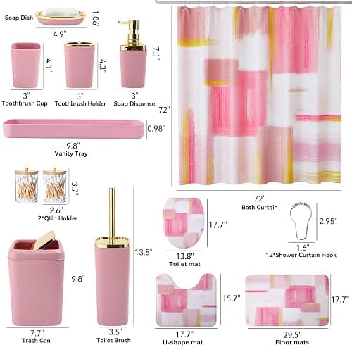 XLHOMO Bathroom Set - Pink and Gold Bathroom Accessories Set, Bathroom Sets with Shower Curtain and Rugs, Pink Shower Curtain Set with Bathroom Trash Can, Soap Dispenser, Soap Dish for Home Decor thumbnail 3