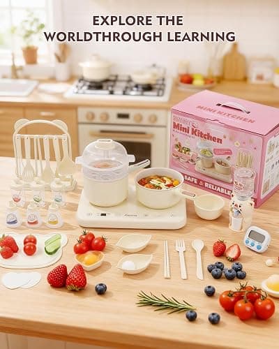 Cooking Sets Real Electric Dual Stove - Montessori Cooking Set with Mini Kitchen Tools, Safe Utensils, Apron & Cookware -Great for Pretend Play Montessori Learning (Beige) thumbnail 7