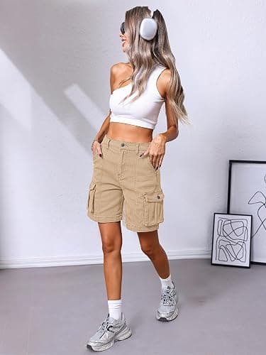 ELLEVEN Bermuda Cargo Shorts Women, Elastic High Waist 6 Pockets Shorts 7 Inch Inseam Summer Jorts for Women Casual thumbnail 5