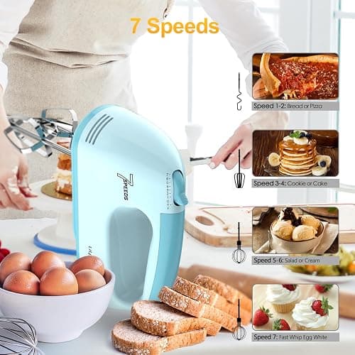 LILPARTNER Hand Mixer Electric, Ultra Power Kitchen Hand Mixer With 7-Speed & 5 Stainless Steel Accessories for Whipping Dough, Cream, Cake, Dishwasher Safe, Blue thumbnail 4