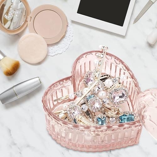 WHSLILR Glass Jewelry Box Heart Shape Cute Box for Storage Ring Earring Trinket Vintage Jewelry Organizer Decorative Gift for Women Girls-GRB003-Pink - pink-heart - Small thumbnail 3