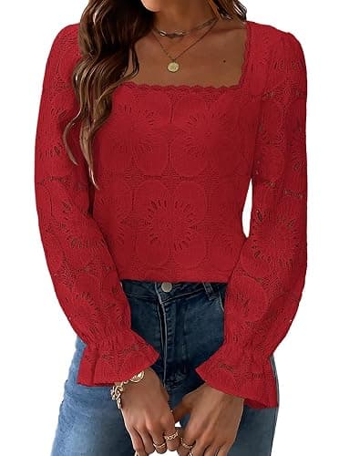 UNCOOYEE Blouses for Women Dressy Casual Eyelet Square Neck Long Sleeve Embroidered Lace Crochet Boho Tops Fall Fashion 2025 - Image 1