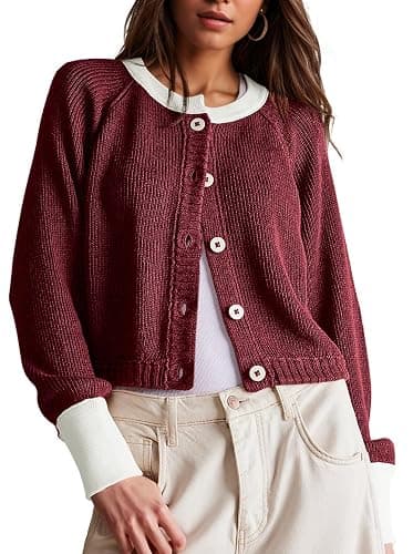 UNCLECAT Women's Cropped Cardigan Sweaters Fall Long Sleeve Open Front Cardigans Button Down Color Block Knit Outwear Coats - Image 1