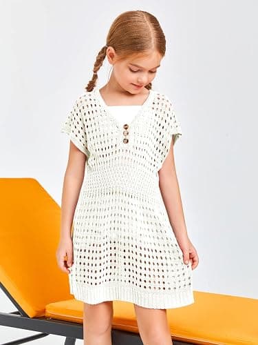 Haloumoning Girls Crochet Swim Beach Cover Up Kids Fashion Button Short Sleeve Swimsuits Cover Ups 5-14 Years thumbnail 5