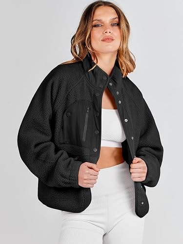 ANRABESS Womens Fuzzy Fleece Jacket Fall Casual Long Sleeve Cropped Sherpa Button Down Shacket Coats Outwear With Pockets thumbnail 2