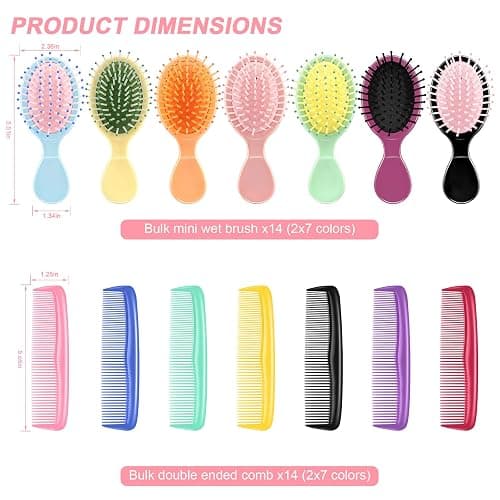 HOFASON 28 Pieces Bulk Mini Wet Hair Brush & Mini Combs Set for Kids Girls Women, Easter Basket Stuffers, Bridesmaid Gifts, Spa Party Supplies, 14 Travel Small Brush and 14 Fine Wide Hair Combs thumbnail 2