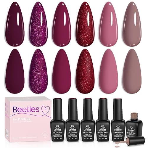 beetles Burgundy Gel Polish Set - Berry Merlot 6 Colors Plum Gel Polish, Cherry Mocha Red Glitter Fall Winter Dark Purple Wine Nails Color, U V LED Soak Off Home DIY Manicure Nail Salon - Image 1