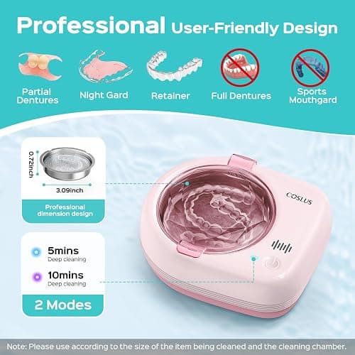 COSLUS C50 Portable Ultrasonic Retainer Cleaner : 50kHz Sonic Tooth Cleaner Cordless -Low Noise for Retainer, Aligner, Mouth Night Guard Deep Cleaning - Travel Home Use Pink thumbnail 6