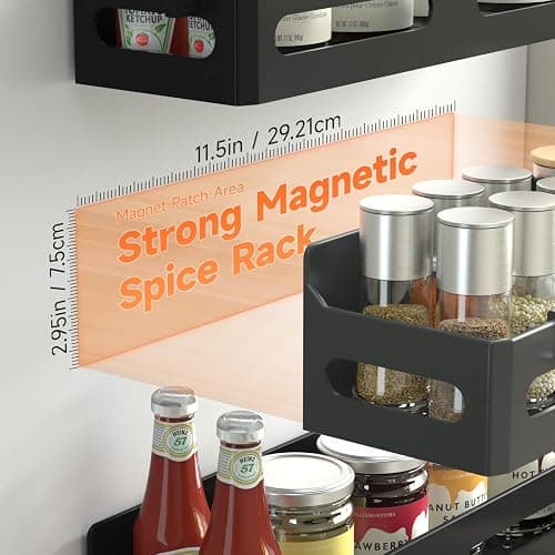 Sevenblue 4 Pack Magnetic Spice Rack for Refrigerator, Spice Rack Organizer, Moveable Magnetic Shelf Fridge Organizer with 4 Hooks for Kitchen and Oven Organization, Black thumbnail 2