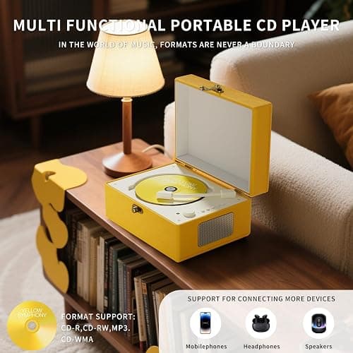 Yintiny Rechargeable Leather CD Player with Speakers; Bluetooth Transmitter; Festival Gift; BGM Player for Home Décor (Yellow) thumbnail 3